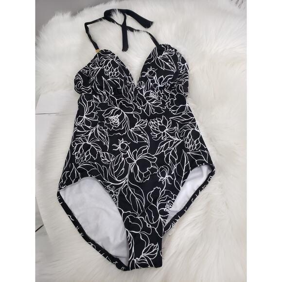 NEW Time and Tru WomenOne Piece white black SWIMSUIT Swim Size S (4-6) Floral‎ - Picture 1 of 5
